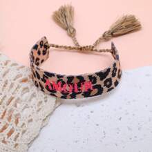 1pc Handmade Embroidered French "AMOUR" Creative Vintage Style Bracelet, Suitable For Couples, Holiday Gifts, Blessing Cord - Leopard - View 4
