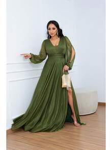 Women's Long Aurora Tulle Dress With Shiny Long Sleeves - 橄欖綠 - 查看 3