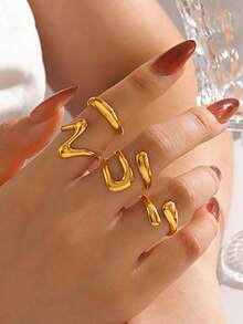 4 件套不锈钢简约 18K 镀金几何线条开口戒指，适合女性日常佩戴 - 彩色 - 查看 2