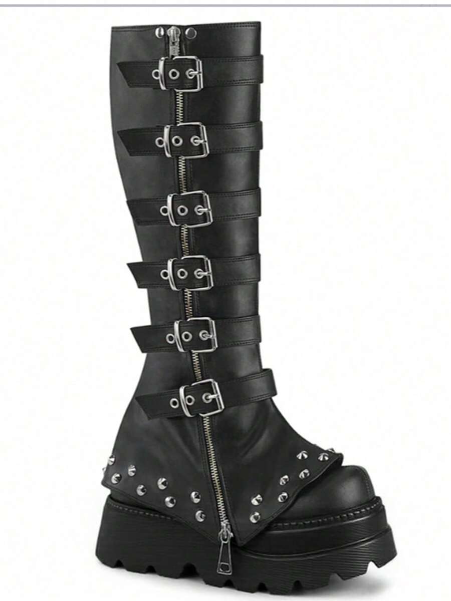 Black Metal Punk Combination Long Boots Cool Platform Height-Enhancing Knee-High Botines Zipper Buckle Leggings Botas - màu đen - Xem 1