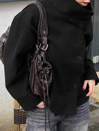 Women's Single-Breasted Long Sleeve Warm Fashion Overcoat, Solid Color Knitted Fabric, Button Closure Black