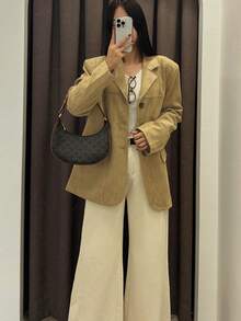 1pc Women Suedette Coat, Suitable For Daily Commute, Christmas, Thanksgiving - Khaki - View 3