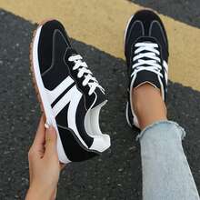 Sneakers For Women Fashion Tennis Shoes Casual Athletic Solid Color Low Top Lace Up Plain Toe Fabric Inner PVC Sole For Outdoor Walking Office Travel Spring Fall - Đen và trắng - Xem 4