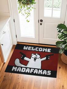 1pc Cartoon Dual Pistol White Cat "Welcome Madafakas" Doormat, 5mm Plush Carpet, Square Doormat, Absorbent Non-Slip, Suitable For Bathroom, Laundry Room, Bathroom Entrance, In Front Of Sink, Shower Room And Party, Bathroom Decor, Bathroom Mat, Bathroom Accessories, Machine Washable Shower Mat Doormat, Applicable For Living Room, Bedroom, Kitchen And Various Scenes At Entrance, Party, Holiday, Gift, Banquet Kitchen Rug