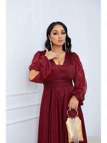 Women's Long Aurora Tulle Dress With Shiny Long Sleeves - 紅木色 - 查看 4