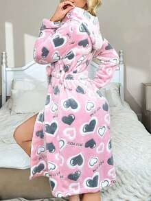 1pc Cozy Women's Winter Robe - Long Sleeve Hooded Robe With Adjustable Drawstring Waist, Heart Pattern Sleepwear In Pink/Gray, Machine Washable Lounge Gown For Home & Gifts - Multicolor - View 9