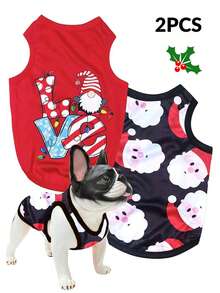 2pcs/Set Christmas Santa Claus & Love Print Anti-Flea, Reduce Shedding, Insulated & Breathable Vest For Indoor/Outdoor Cats & Dogs