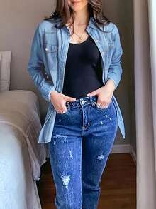 Women's Spring Long Sleeved Denim Shirt With Button Down Shirt, Business Casual Top - Light Wash - View 4
