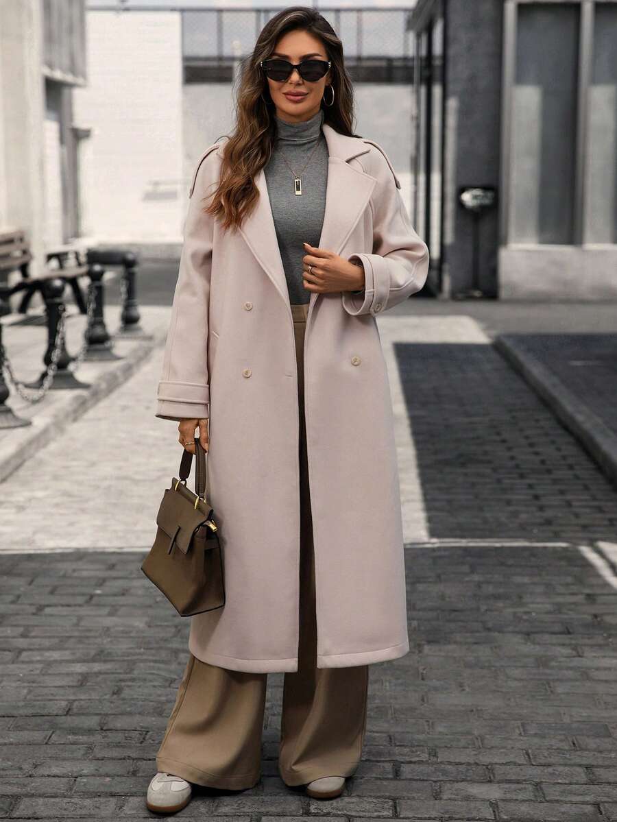 Elegant Solid-Color Long Coat For Ladies With Pockets, Front Button Closure And Lapel Collar, Loose Fit, Minimalist And Stylish, Autumn & Winter Style