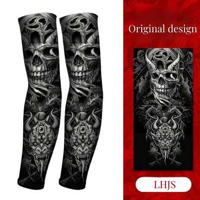 AD 1 对黑色纹身袖套，户外骑行防晒袖套，透气无缝印花冰丝臂套，男女通用