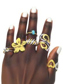6pcs 18K Gold Plated Stainless Steel Women's Rings, Designs Include: Figure 8, Embrace, 5-Petal Flower, Heart, Turquoise, Vintage Inspired, Color Blocking Craftsmanship, Elegant Women's Jewelry, Gold Jewelry
