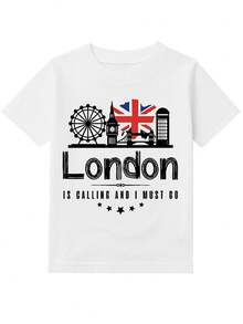 Youngsters' London Travel Cotton Round Neck T-Shirt, White Casual Style Description Tee With Union Jack Flag, London Skyline, Regular Length,Cityscape Theme Art Print Tops, Cute And Funny Style, Travel, UK Fashion, Modern, Stylish. - 白色 - 查看 1