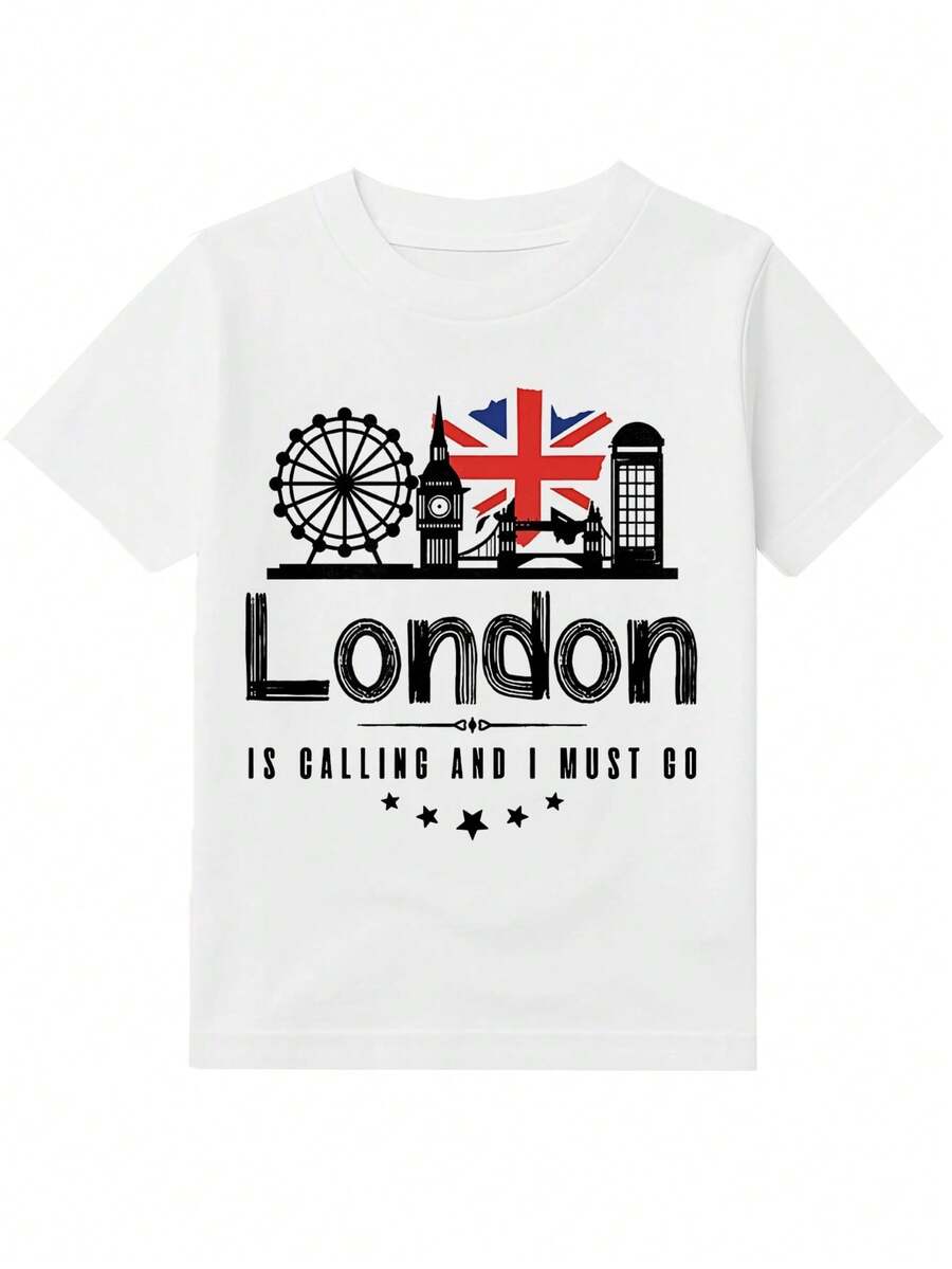 Youngsters' London Travel Cotton Round Neck T-Shirt, White Casual Style Description Tee With Union Jack Flag, London Skyline, Regular Length,Cityscape Theme Art Print Tops, Cute And Funny Style, Travel, UK Fashion, Modern, Stylish. - 白色 - 查看 1