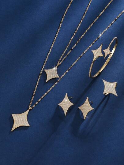 4pcs/Set Star Studded Rhinestone Ring, Necklace, Earrings, Bracelet Jewelry Set, Minimalist Unique Jewelry Set, Suitable For Daily Wear