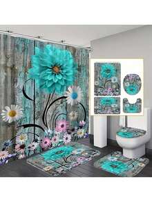 1/4pcs Floral Camping Shower Curtain, Rustic Wooden Board Blue Violet Barn Narrow Fabric Bathroom Set, Suitable For Bathroom Decor, High Quality Shower Curtain With Hooks Includes U-Shaped Design Rug And Toilet Seat Cover