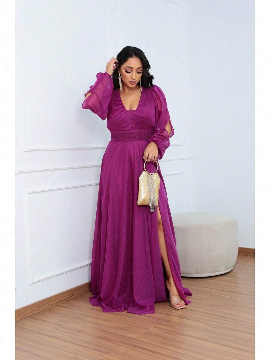 Women's Long Aurora Tulle Dress With Shiny Long Sleeves - 玫瑰紅 - 查看 1