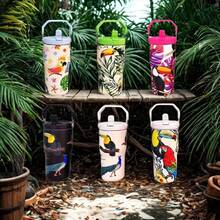 900ML  Cup Toucan Pattern Bottle With Cartoon Handle Stainless Steel Large Capacity Thermal Insulation Vacuum Car Water Cup Suitable For Sports, Wedding, Business, Home, Car, Office, Outdoor, Travel, Gifts, School And Other Festivals - Rosa - 查看 5