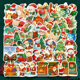50张可爱圣诞贴纸 - 适合一切的可爱圣诞贴花！ - 可移除防水乙烯基贴花，适用于笔记本电脑、水瓶、笔记本、行李箱等 - 可爱卡通DIY剪贴簿礼物