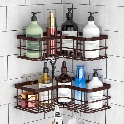 Corner Shower Caddy, Adhesive Shower Shelves No Drilling [2-Pack], Rustproof Stainless Steel Bathroom Organizer Wall Mounted With 8 Hooks