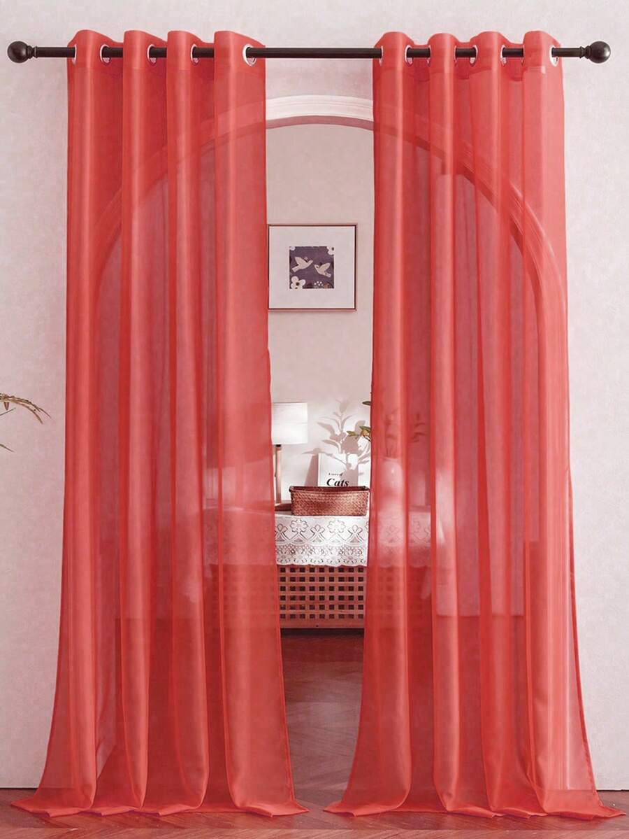 1 件优雅红色薄纱窗帘，半透明杆袋设计，适用于卧室、客厅、厨房、浴室、现代家居装饰多功能房间装饰薄纱窗帘 - 紅色 - 查看 1