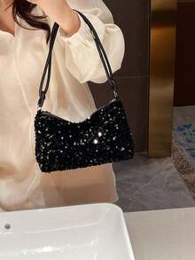 1pc Black Sequin Smooth Zipper Fashion Versatile Casual Solid Color New Autumn/Winter Unique Shoulder Bag, Suitable For Women's Daily Use - Black - View 10