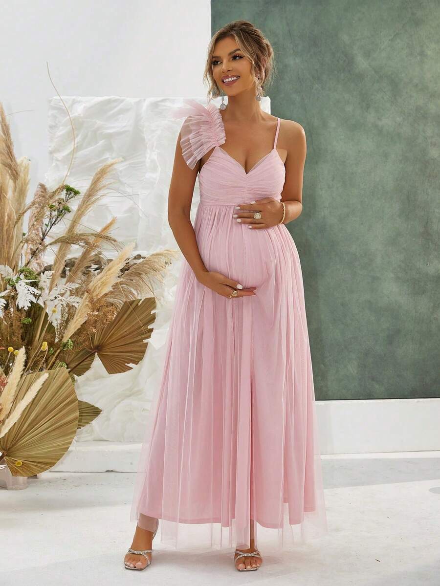 Pregnant Women Solid Color Pleated Mesh Patchwork Ruffle Hem Elegant Dress Pink - Pink - View 1