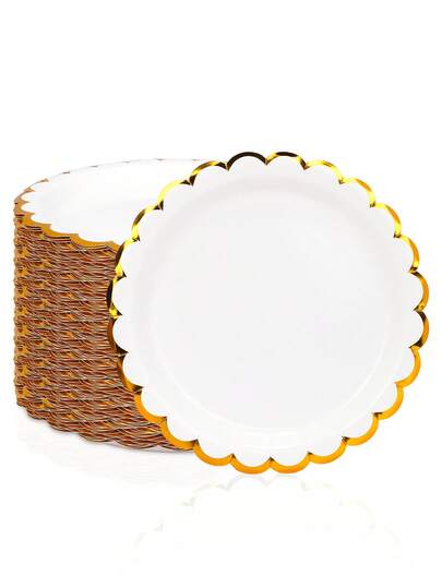 10pcs/20pcs/50pcs White Paper Plates With Golden Foil 7 Inch 9 Inch White Scalloped Dinner Plates Food Cake Salad Plates For Wedding Babe Shower Birthday Party Dessert Plate Any Event Festival Table Decorations
