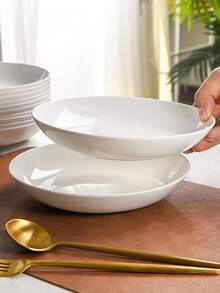 4/2pcs 8-Inch Large Pure White Ceramic Plates, Shallow Dish Soup Plate Dinner Plate Steamer Plate, Salad Plate, Pasta Plate, Steak Plate, Microwave & Oven , Minimalist Creative Dinnerware