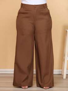 Plus Size Fashion Long Pants With Pockets And High Waist - Camel - View 1