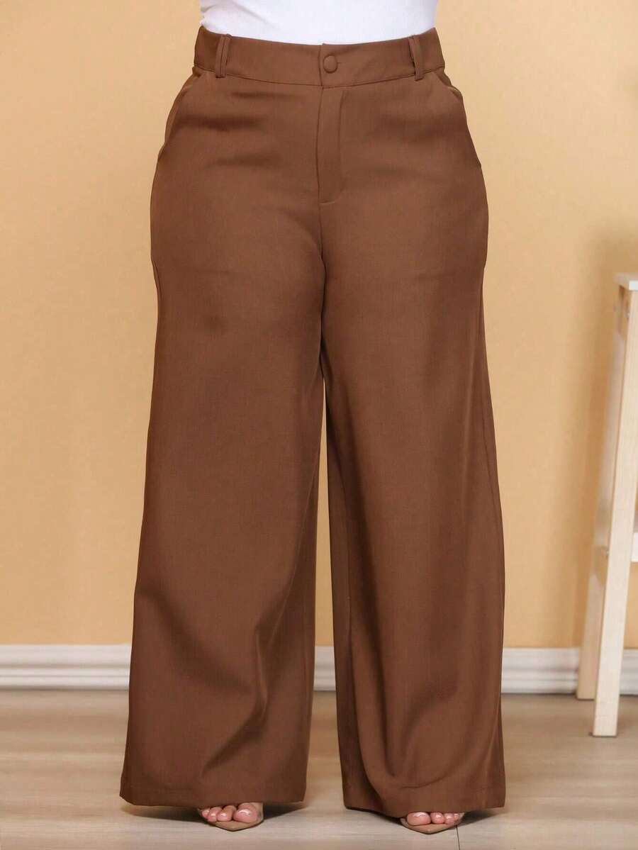 Plus Size Fashion Long Pants With Pockets And High Waist - Camel - View 1