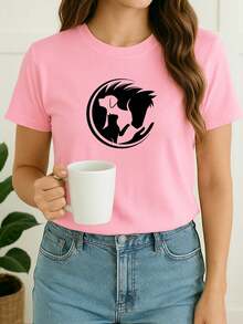 Camiseta Feminina Babylook Animais Cachorro Gato Cavalo Medicina Veterinária Minimalista Estampada 100% Algodão Várias Cores Fofa Tumblr Blogueira - Rosa Bebê - Visão 2