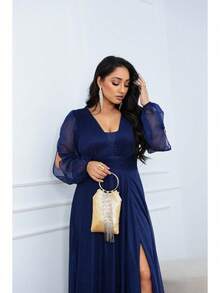 Women's Long Aurora Tulle Dress With Shiny Long Sleeves - 藏蓝色 - 查看 3