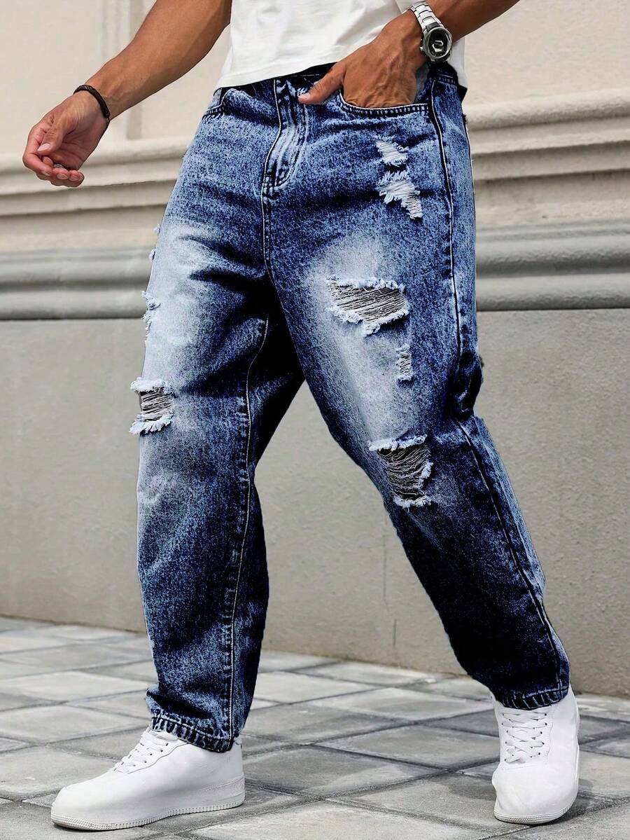 Roughcore Men's Loose Fit Distressed Washed Denim Jeans