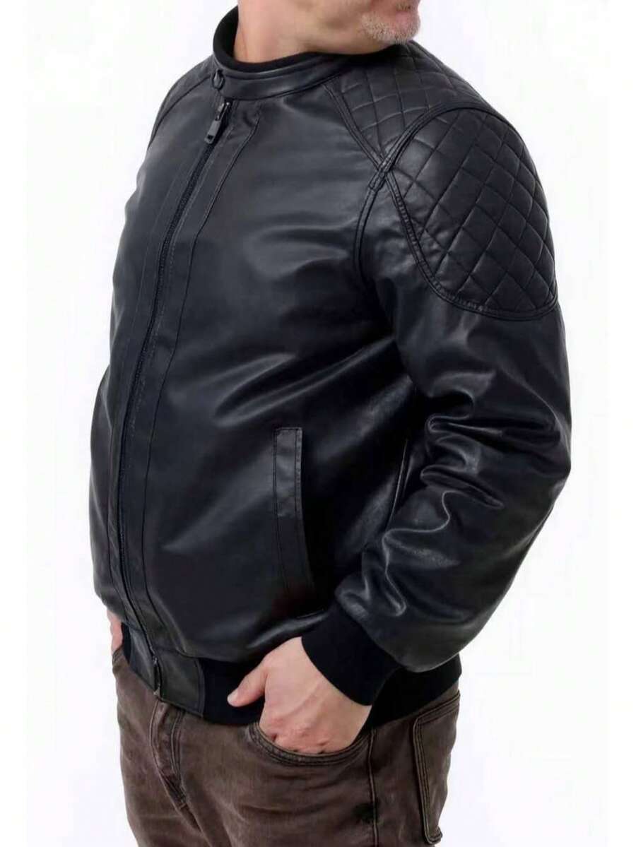 Plus Size Men's PU Jacket, Fashion Motorcycle Jacket, Versatile Classic Style, Suitable For Daily Wear And Dates, Autumn/Winter New Arrival - Black - View 1