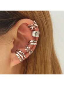 5pcs/Set Minimalist Hollow Leaf C-Shaped Ear Cuff Earrings, Earring Jacket For Non-Pierced Ears - Silver - View 11