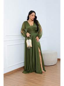 Women's Long Aurora Tulle Dress With Shiny Long Sleeves - 橄欖綠 - 查看 2