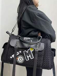 女士时尚 Y2K 网眼单肩包大容量拼接铆钉复古斜跨包多口袋都市街头风格手提包适合日常使用是完美的礼物 - 黑色 - 查看 7