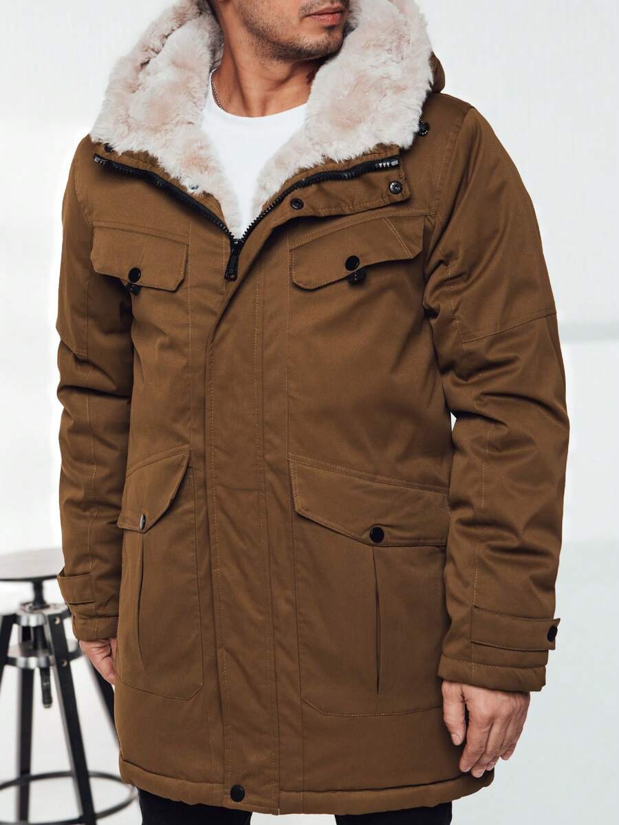 Parka De Inverno Masculina Com Capuz E Gola, Agasalho Quente Com Forro Acolchoado, Jaqueta Prática Para O Dia A Dia Com Vários Bolsos, Parka De Inverno Masculina Elegante E Prática