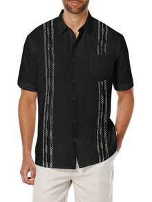 Mens Cuban Guayabera Shirt Short Sleeve Linen Button Down Shirts Casual Summer Beach Topshalloween - 卡其色 - 查看 9