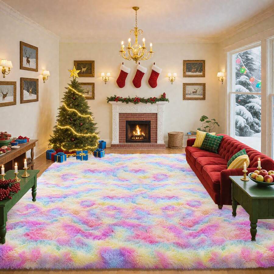 Large Shaggy Area Rug For Living Room & Bedroom – Stain-Resistant Fluffy Carpet With 1.4 In High Pile, Plush Aesthetic Throw Rug, Non-SIip Rubber Backing With 4 Anti-SIip Pads, Durable Edge Stitching – Cozy Minimalist Decor – Great Gift For New Year ! - Cầu vồng - Xem 1