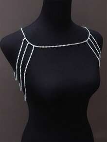1 pieza Cadena de hombro con decoración de strass de lujo, accesorio de vestido de novia, joyería de moda para mujer - Plateado - Ver 5