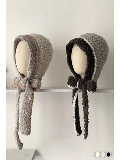 Plush Ear Protection Hat For Women, Thick Warm Versatile Headband Hat For Outdoor Cycling, Fashionable Contrast Color Knitted Ear Flap Hat, Cute Autumn/Winter New Style Warm Knit Hat With Pom Pom