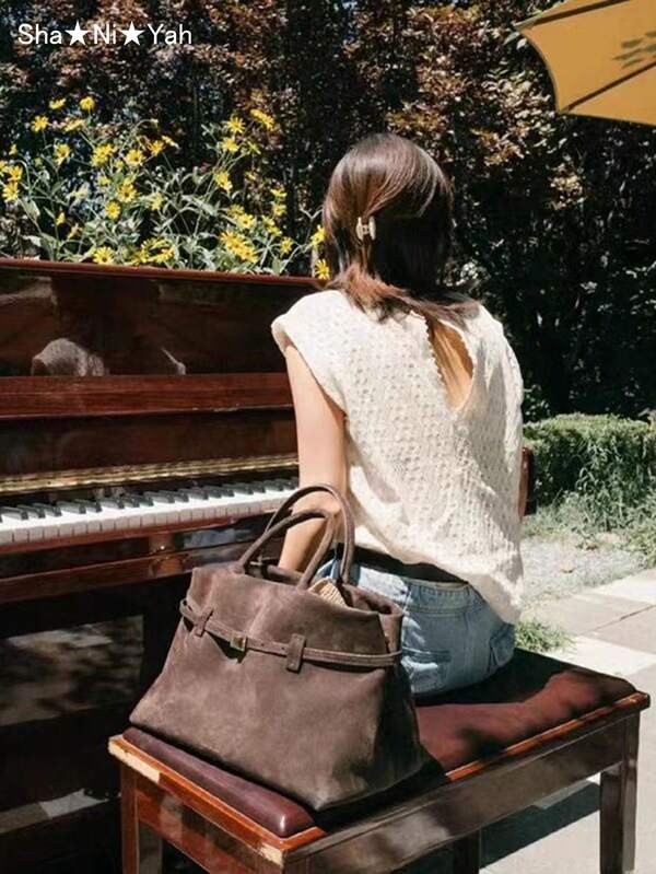 复古棕色绒面革托特包 - 大容量通勤单肩包，配有磁扣、尼龙衬里和耐用手柄，非常适合日常使用，日常托特包 | 复古风格包 | 耐用手柄，托特包