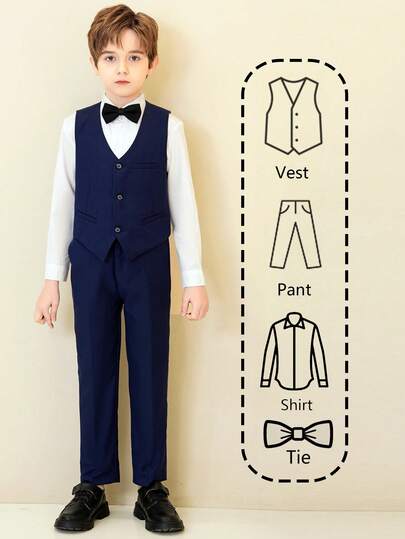 男童四件套西装，幼儿正式礼服，花童礼服，婚礼马甲，裤子，衬衫，领带，正式西装，藏蓝色，尺码 6-16 岁