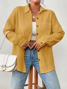 Women'S Casual Long Sleeve Button-Up Shirt - Brown Textured Fabric, Open Front, Loose Fit, Summer Style, Perfect For Casual Attire, Casual Summer Wear | Buttonup Shirt | Textured Fabric - 黃色 - 查看 3