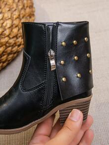 Mädchen Ankle Boots schwarz mit Nieten im Western Stil mit dickem Absatz, Reißverschluss, Lässig Stiefel, modische Herbst- und Winterschuhe