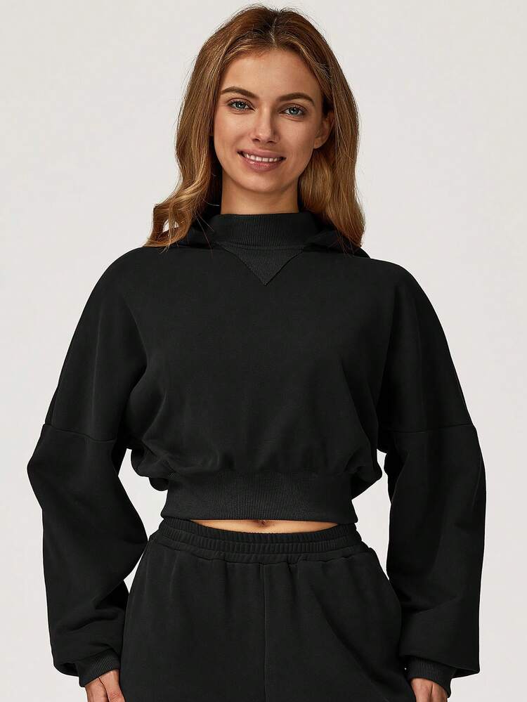 MASKERT 女士短款连帽卫衣，甜美休闲短款上衣，亲肤舒适运动上衣 - 黑色 - 查看 3