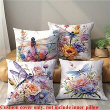 Set de 4 fundas de cojín con diseño de libélula en acuarela - Terciopelo suave color melocotón, 17.7x17.7 pulgadas, con cierre de cremallera, lavable a máquina - Perfecto para decoración de sala de estar y dormitorio, sin cojín interior - Multicolor - Ver 5