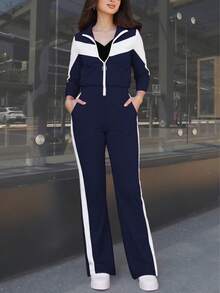 2 件套女士运动服套装，时尚舒适拼色拉链夹克和休闲裤，适合春秋季 - 藏青色 - 查看 5