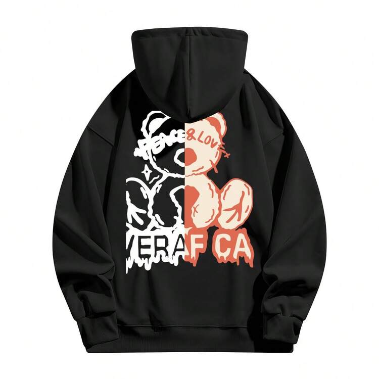 280g 50/50 Cotton Polyester Black Hoodie, Back Two-Tone Peace Bear